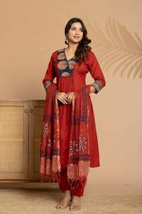 Pantalon de fête extensible en pur coton brodé à séchage rapide évacuant l'humidité Kurti Pocket Dupatta Casual 3 pièces pour adultes - Product Image 5