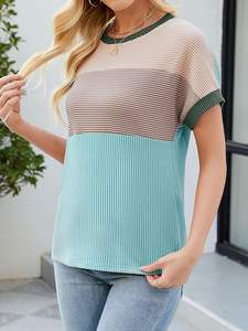 T-shirts à col rond à manches courtes respectueux de l'environnement pour femmes respirant bloc de couleur rayure printemps été décontracté Logo Jersey T-Shirts - Product Image 6