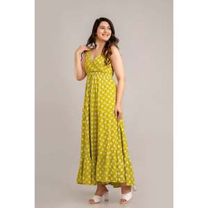 SHKUP1361 verde Floral estampado sin mangas Fit Flare Maxi vestido tamaño libre rayón elegante Sexy vestido de verano para mujer de oficina drapeado - Product Image 2