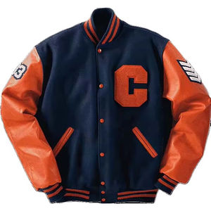 High-Street unisexe rayures bas et col montant serviette patchs de broderie laine et cuir manches hommes varsité vestes Style de rue - Product Image 1