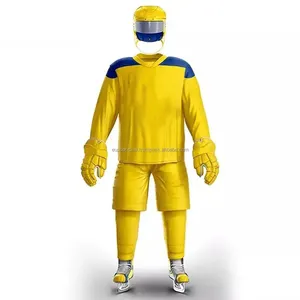 Toptan fiyat sarı ve mavi buz hokeyi üniformaları özel logo etiketi spor takımları boş düz renk buz hokeyi üniformaları