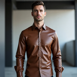 Camisa de cuero genuino con botones de manga completa de alta calidad para hombres | Camisas de cuero de doble bolsillo con cuello vuelto informal para hombres - Product Image 5