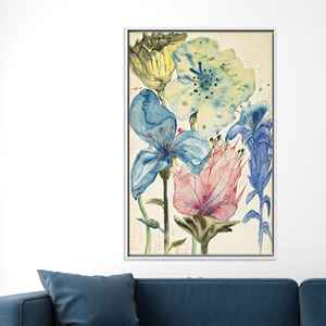 Toile imprimée de fleurs bleues et jaunes : Art mural botanique Cottagecore, TOILE ENCADRÉE BLANCHE - Product Image 1