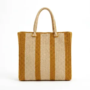 Bolso de Rafia a Rayas Tejido a Crochet, Estilo Bohemio para Mujer, Abierto, Resistente, de Uso Diario, con Dos Asas y Patrón de Rayas - Product Image 3