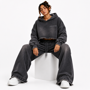 Women's Black Acid Wash Rhinestone Cropped Distressed Hoodie Wide Leg <b>Sweatpants</b> Heavyweight Cotton Winter Streetwear Fleece - Product Image 2