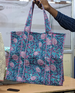 Sac de courses en coton 100% matelassé à motif rayé, fermeture éclair écologique - Product Image 6