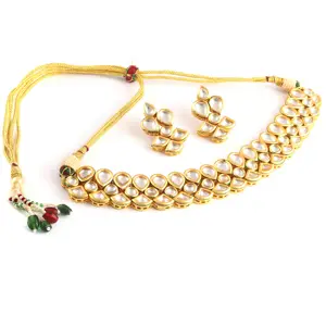 Handmade Three-Layer Gold Plated Necklace with Kundan Stones Featuring Meena Work Fashion Jewelry Set for Women and Girls