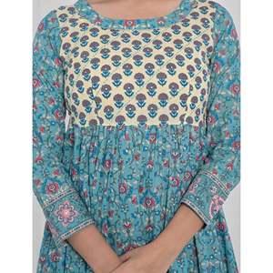 Vestido Anarkali Largo de Algodón con Estampado Azul, Cintura Imperio, Estilo Boho, Transpirable, Personalizable, ODM Gratuito para Uso Casual o de Noche - Product Image 2