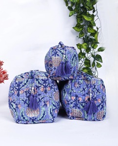 Eco-Friendly Cotton Travel Pouch Set Handmade Quilted <b>for</b> Toiletry Bag 3 Large Capacity Zipper Case Block Print Design - Product Image 2