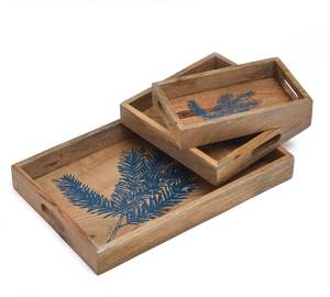 Ensemble de 3 plateaux de service en bois avec motif de feuilles bleues, fabriqués à la main, avec poignées, décoration de qualité supérieure à prix réduit - Product Image 3