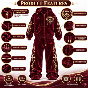 OEM Royal Wine Crest Velour <b>Velvet</b> <b>Tracksuit</b> Rhinestones Crystal 95 Cotton 5 Elastane Hoodie Pants Set Luxury Oversized Stree - Product Image 5