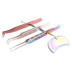 Pinzas de Acero Inoxidable con Recubrimiento de Color Arcoíris de Alta Calidad con Logotipo Personalizado para Extensión de Pestañas con Espejo de Inspección de Pestañas - Product Image 1