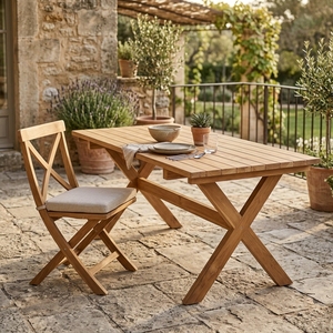 Outdoor Solid Teak Wood <b>Dining</b> Set X Base Rectangular Slatted Table Woven Rope <b>Armchairs</b> Patio Garden Setup Art Design Decor - Product Image 3