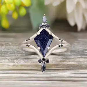Vintage Designer Blue Sunstone With Black Onyx Kite Ring 925 Sterling Silver Wholesale Fine Jewelry Multi Gemstone Onyx Ring