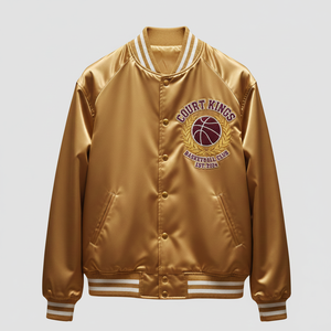 Chaqueta Universitaria de Invierno Personalizada en Satén Dorado, Acabado Teñido Sólido, Logotipo Bordado, Ecológica, MOQ Bajo, Diseño para Club de Baloncesto - Product Image 1