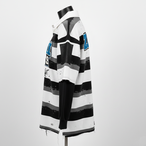 Maillot de rugby pour homme en jersey de coton lourd 240 GSM, design à panneaux rayés noir et blanc, broderie, impression de logo personnalisé, évacuation de l'humidité - Product Image 3