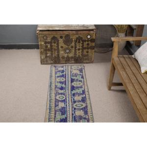 Alfombra de 1.5x7.5 pies, Alfombra Turca Vintage, Alfombra Azul Verde Estilo Suroeste - Product Image 4