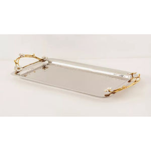 Fabulosa bandeja de servicio de Metal dorado con asas de hojas decorativas bandeja decorativa para servir té y café para decoración del hogar - Product Image 4