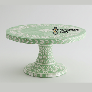 Support à gâteau de luxe en nacre verte incrustée de feuilles florales artisanales sur pied, assiette à dessert - Product Image 1