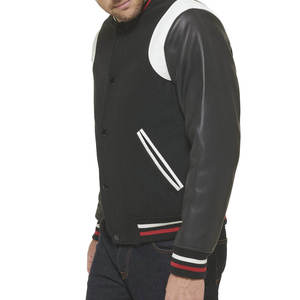 Blouson bombardier classique Letterman à rayures côtelées pour homme Veste à boutons-pression Streetwear athlétique élégante Veste en cuir noir bleu marine - Product Image 2