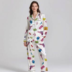 OEM ODM Digital Printed <b>Silk</b> Satin Breathable Pajamas Soft Lightweight Adult Spring Summer Set - Product Image 2