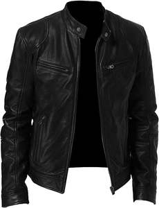 แจ็กเก็ตหนังแท้สำหรับผู้ชายคอตั้ง, เสื้อมีฮู้ดระบายอากาศได้แบบลำลองมีซิปปิดโลโก้ด้านหน้าความหนามาตรฐาน - Product Image 6