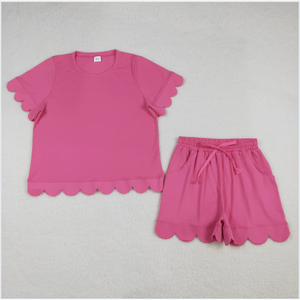 GSSO3204 ชุดกางเกงขาสั้นผู้หญิงขอบสแกลลอปสีชมพูสีทึบ - Product Image 1