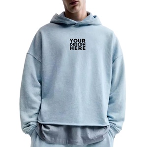 Vintage lavado de algodón de los hombres de gran tamaño gota hombro crudo dobladillo recortado boxy Sudadera con capucha streetwear pullover sudaderas con capucha para hombres ropa 2025 - Product Image 1