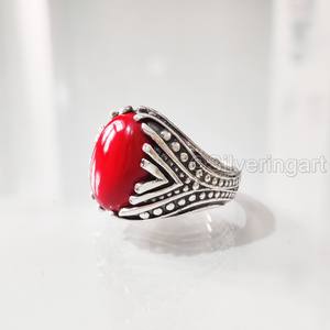 Anillo de Plata de Ley 925 para Hombre con Coral Rojo Natural, Todas las Tallas, Regalo de Boda o Aniversario, Estilo Otomano, Venta al Por Mayor - Product Image 2