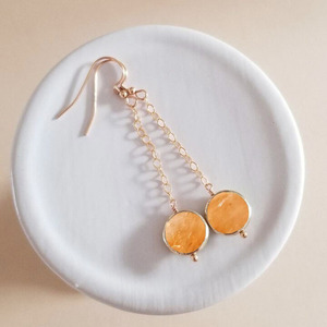 Boucles d'oreilles pendantes en forme de pièce de monnaie en citrine, pierre précieuse naturelle jaune, plaqué or rose, bijoux faits à la main pour femmes - Product Image 2