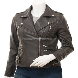 High Quality Real Sheepskin Leather Motorcycle Coat Zipper Belt Custom Genuine Leather Jacket for <b>Women</b> - Product Image 1