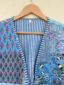 Gilet matelassé en patchwork 100% coton bleu, fait à la main, réversible, écologique, unisexe, veste kimono décontractée - Product Image 4