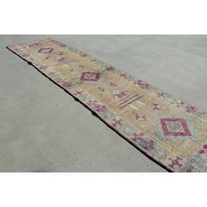 Turkish Rug, 2.9x11.2 ft Vintage Rug, <b>Red</b> Gray Polka dot <b>Wool</b> Rug - Product Image 1