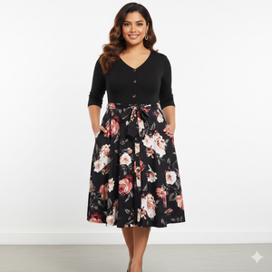 Vestido Midi Floral de Mezcla Suave Premium para Mujer Unity Luxure con Botones en la Parte Delantera y Lazo en la Cintura - Product Image 1