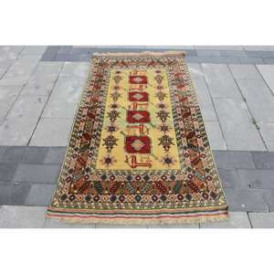 พรมขนสัตว์สีเบจสีแดงคลาสสิกขนาด3.5x6ฟุตทำด้วยมือสไตล์ตุรกีทรงสี่เหลี่ยมผืนผ้าพื้นที่ขนาดใหญ่แบบนามธรรมสำหรับทางเดินงานเย็บปะ - Product Image 1