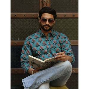 Chemise en coton à imprimé floral bleu marine pour homme, tissu popeline 100% tissé, manches longues, taille 6XL pour la saison d'automne - Product Image 1