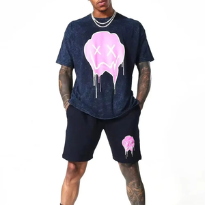 Camiseta de Algodón Azul Oscuro para Hombre con Estampado de Calavera con Gotas Rosas, Cuello Redondo, Conjunto de Ropa Urbana, Atuendo Casual de Verano - Product Image 2