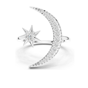 Anillo de Diamantes Luna Creciente y Estrella para Mujer, Diamantes de Laboratorio VVS-VS EF, Disponible en Oro Rosa, Amarillo, Blanco y Plata 925 - Product Image 1