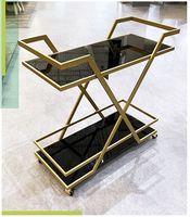 Chariot de service extérieur pour hôtel, moderne, en métal, à trois niveaux, fait main, avec 4 roulettes pivotantes et surfaces de plateau en verre cristal écologique