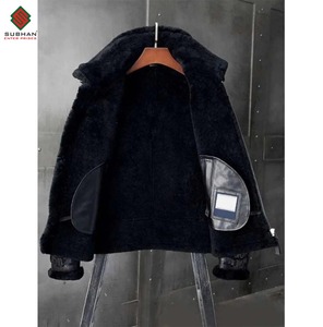 Chaqueta Bomber de Piel de Oveja Negra Hecha a Mano, Abrigo de Invierno Informal de Piel de Oveja para Hombre con Cremallera, Cuello Mao, Diseño Sólido - Product Image 3