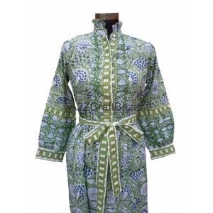 เดรสยาวคลุมเข่าสำหรับผู้หญิงทำด้วยมือชุดเดรสผ้าฝ้ายพิมพ์ลายดอกไม้คอตั้งลายดอกไม้สำหรับฤดูร้อน - Product Image 3