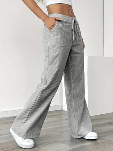 Pantalon décontracté en toile unie pour femme avec poches obliques, devant plat, taille haute, ample, cordon de serrage, grande taille, été - Product Image 4