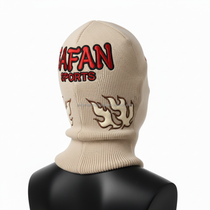 Balaclava pour femmes en tricot épais de qualité supérieure 300 GSM, tissu extensible beige avec motif de flamme brodé et logo personnalisé, balaclava pour femmes - Product Image 5