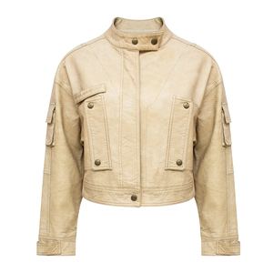 Chaqueta Bomber de cuero Beige para mujer, venta al por mayor, cremallera personalizada, multibolsillo, diseñador elegante, ropa de abrigo informal de invierno - Product Image 1