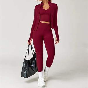 Ensemble de gymnastique sans couture pour femmes 3 pièces Sportswear Fitness Leggings soutien-gorge de sport et costume de Yoga à manches longues avec fermeture à la taille élastique - Product Image 3