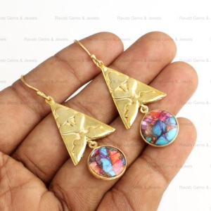 Natural Mix Spiny Oyster Copper Turquoise 10mm Gemstone 925 Sterling Silver 18k <b>Gold</b> Plated Round & Triangle <b>Earrings</b> for Women - Product Image 3