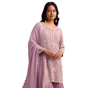 Purple Embroidered Sharara Set with Butti Work on <b>Organza</b> Dupatta Trendy Indian Wedding Party Wear Kurta Sharara Suit - Product Image 3