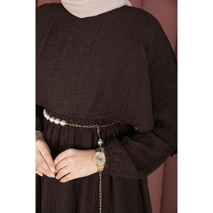 Robe d'été marron à col cape, taille empire élastiquée, volants floraux, respirante, durable, modeste, pour soirée, club, jour de fête, livraison gratuite - Product Image 6
