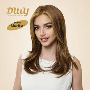 Peluca Sintética Larga Rubia Morita-DWY con Parte Libre y Frente de Encaje Mono, con Reflejos en Color Marrón Claro - Product Image 1