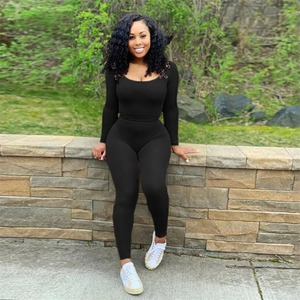 Nouvel ensemble décontracté pour femme : combinaison moulante unie à manches longues et pantalon taille haute - Product Image 4
